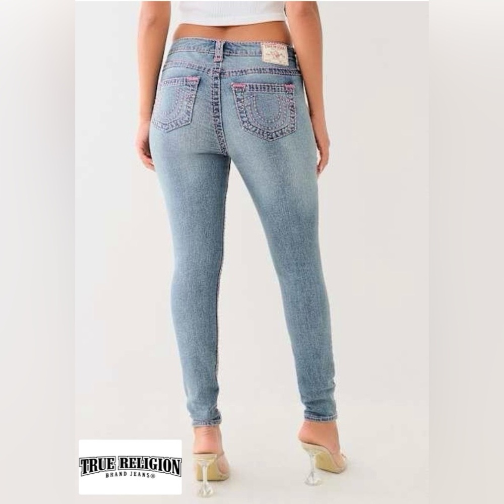 True Religion Jennie Curvy Pink Stitch Mid Rise Skinny TikTok Jeans Size 26/27